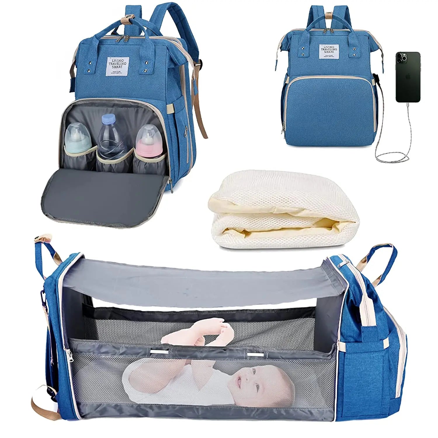 Mochila de Fraldas 3 em 1 com Berço Dobrável e USB
