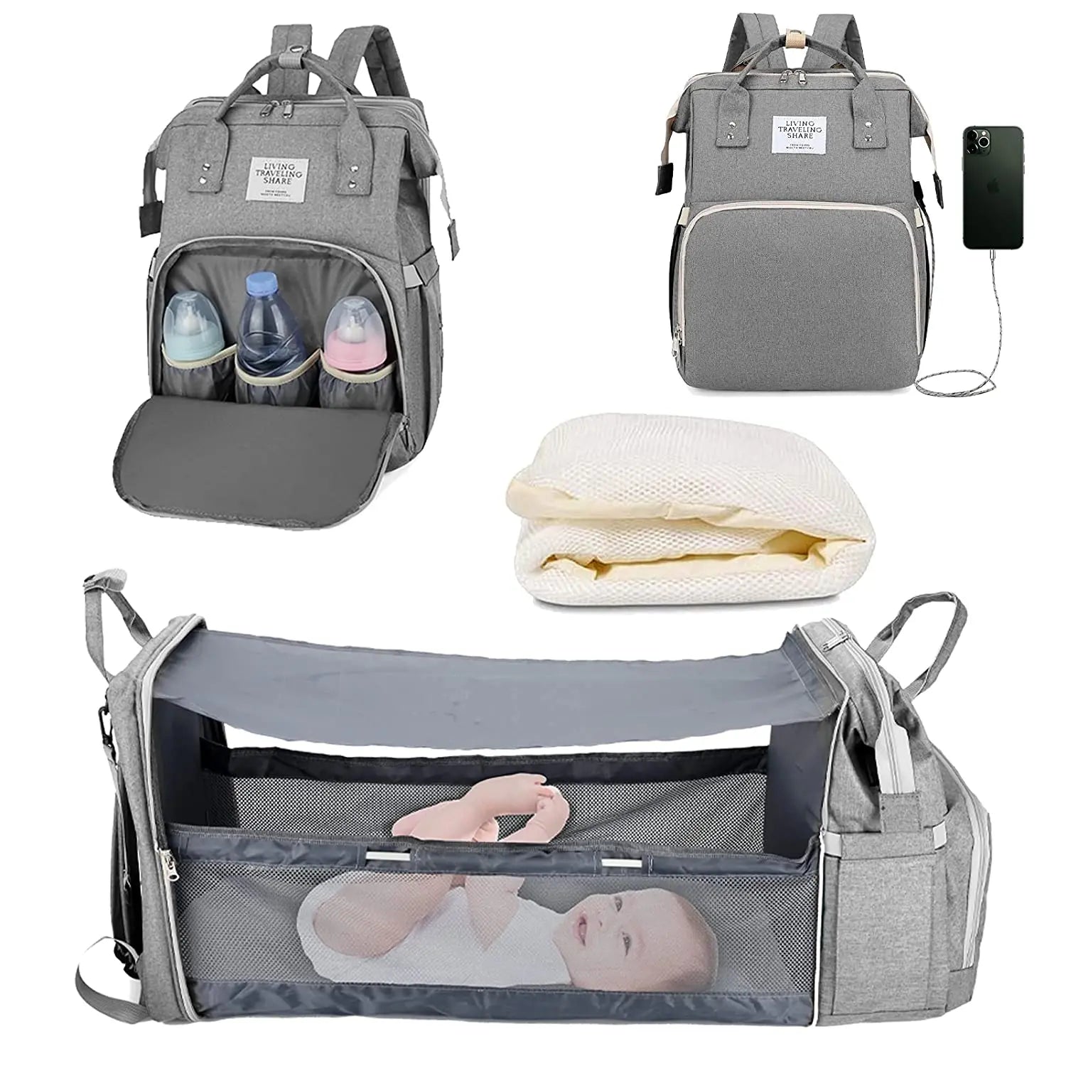 Mochila de Fraldas 3 em 1 com Berço Dobrável e USB