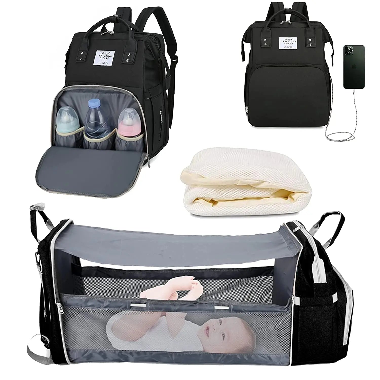 Mochila de Fraldas 3 em 1 com Berço Dobrável e USB