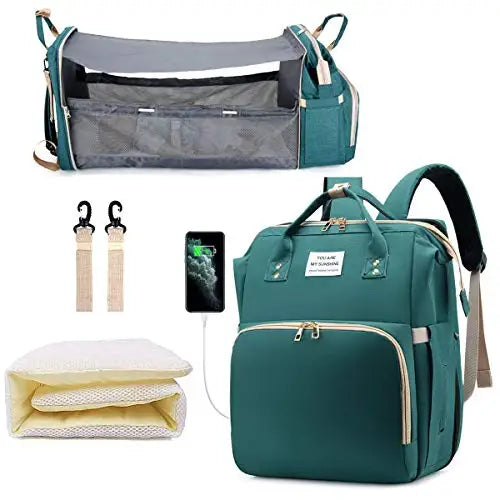 Mochila de Fraldas 3 em 1 com Berço Dobrável e USB
